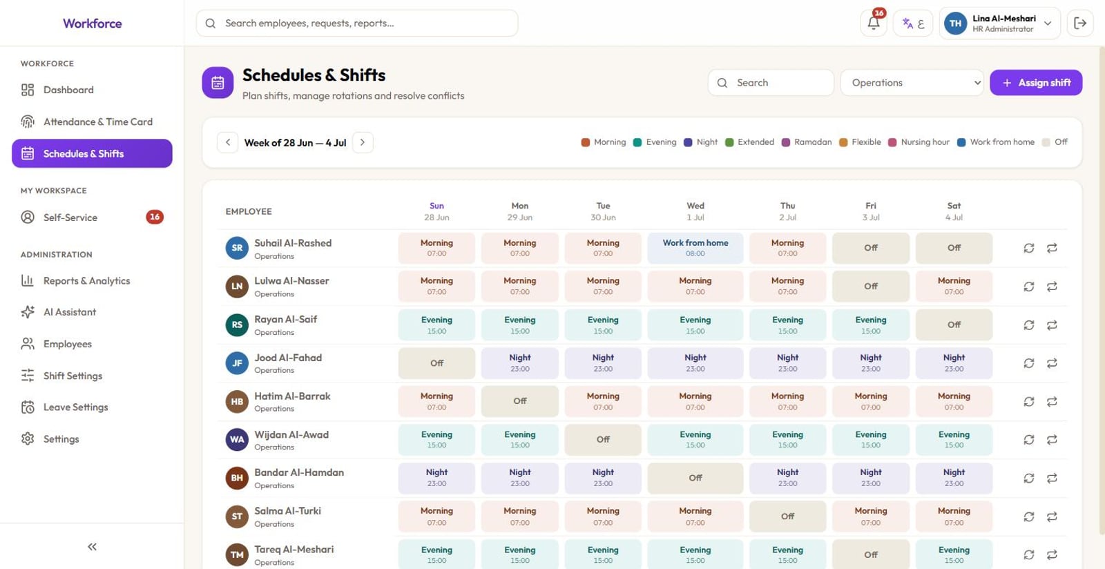 Solvait shift scheduling grid with rotations and conflict detection