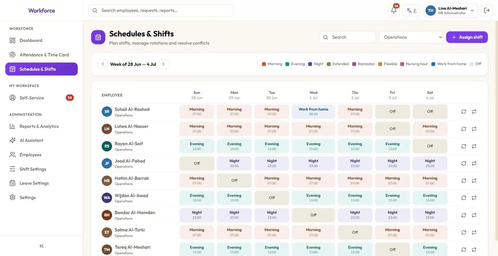 Solvait shift scheduling grid with rotations and conflict detection