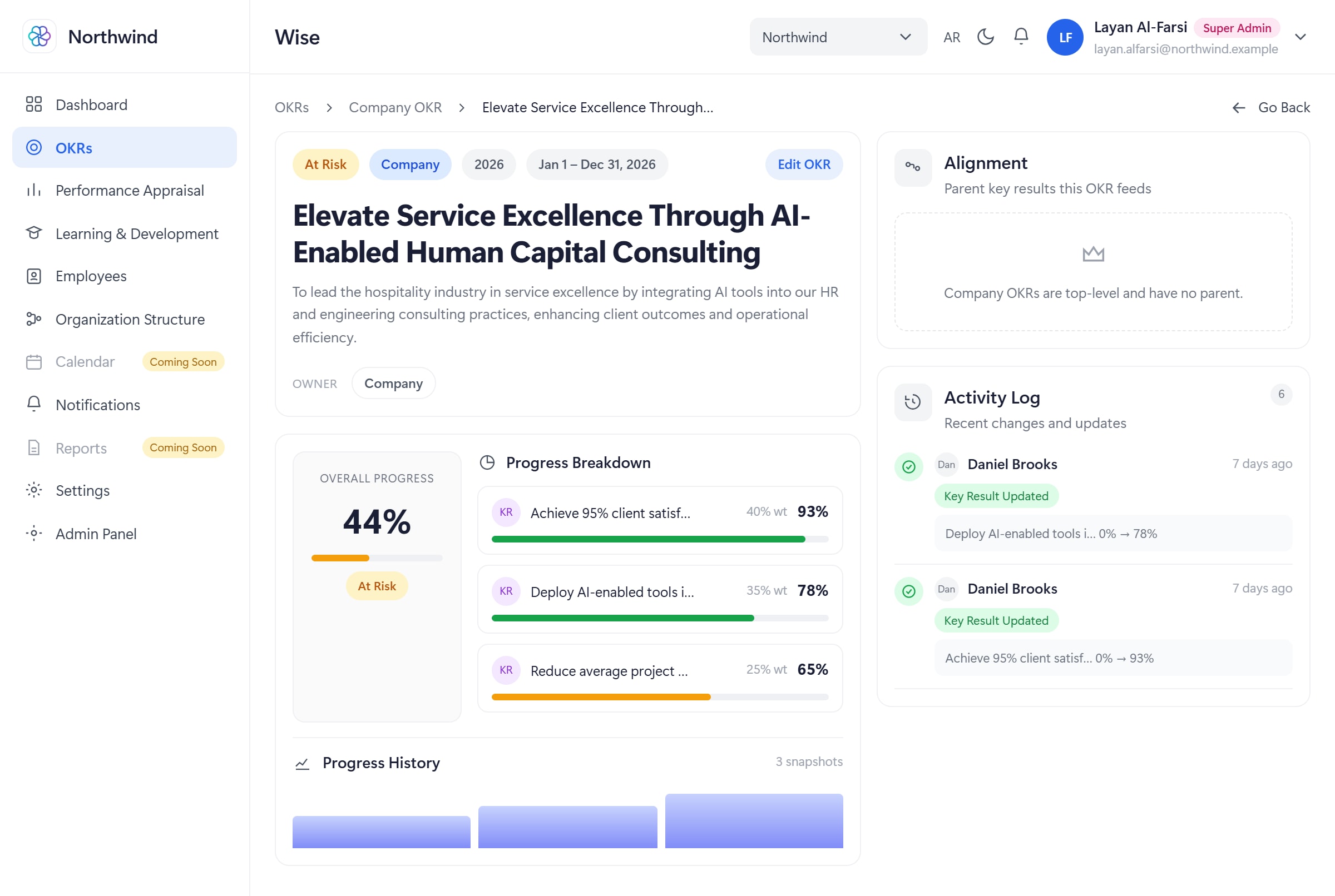 Solvait Wise: objectives and key results with weighted progress